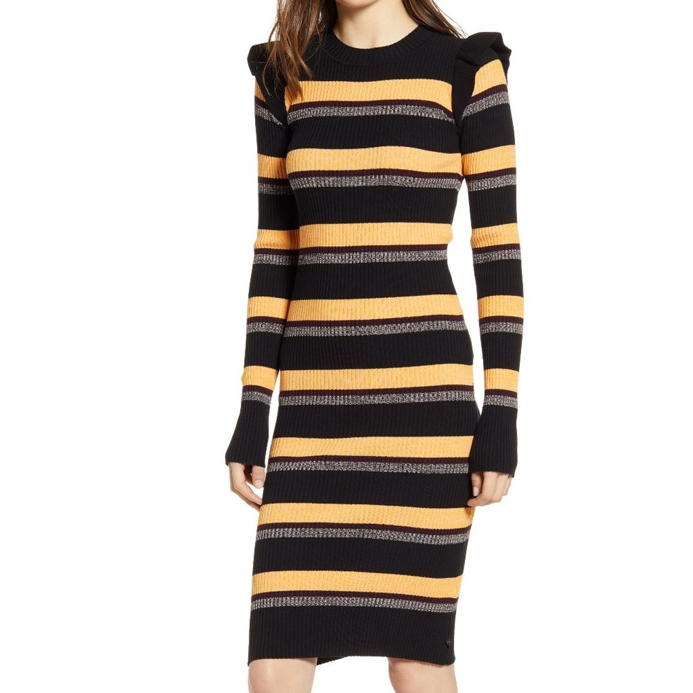Scotch & Soda Black Yellow Multi Stripe Ribbed Knit Women Midi Sweater Dress